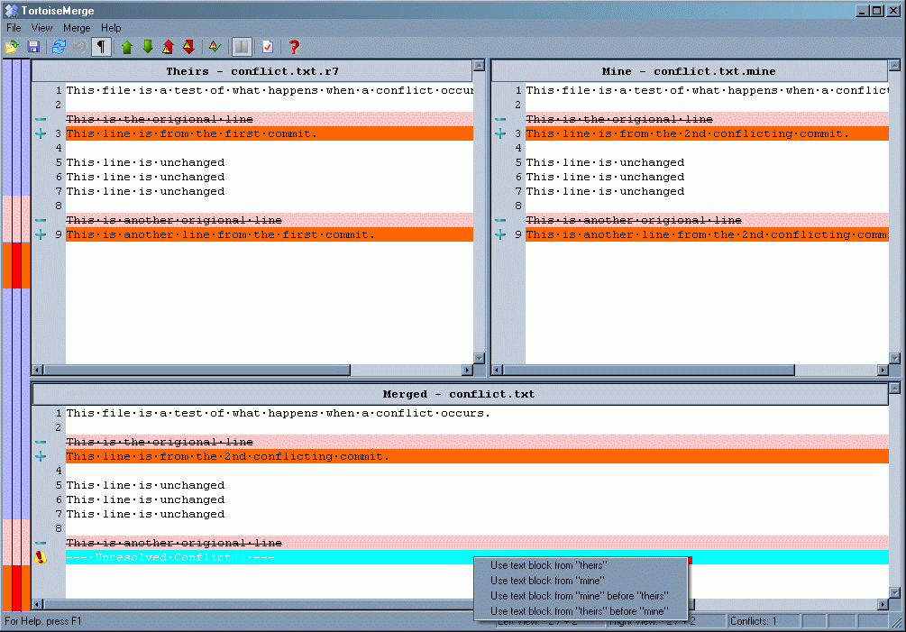 Once you have successfully merged the files, click the "File - Save"
and "Merge - Mark as Resolved" menu options. Now you can resume your
work.